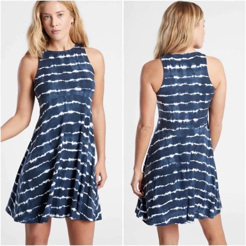 Athleta Santorini Thera Print Dress Blue Navy‎ Tie Dye Stripe UPF 1X  NEW Beach